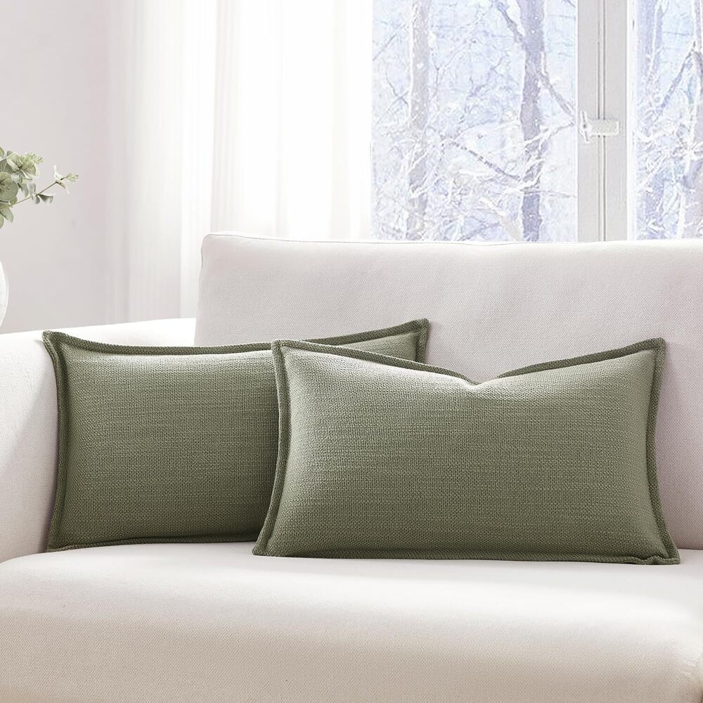 6677 Set of 2 Dark Sage Pillow Covers 12x20, Linen Look Throw Pillow Covers